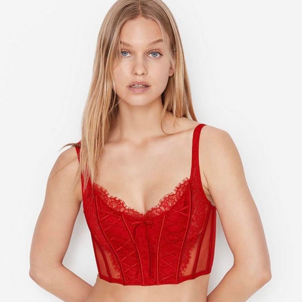 VICTORIA’S SECRET RED UNLINED LACE UP CORSET TOP 💋
